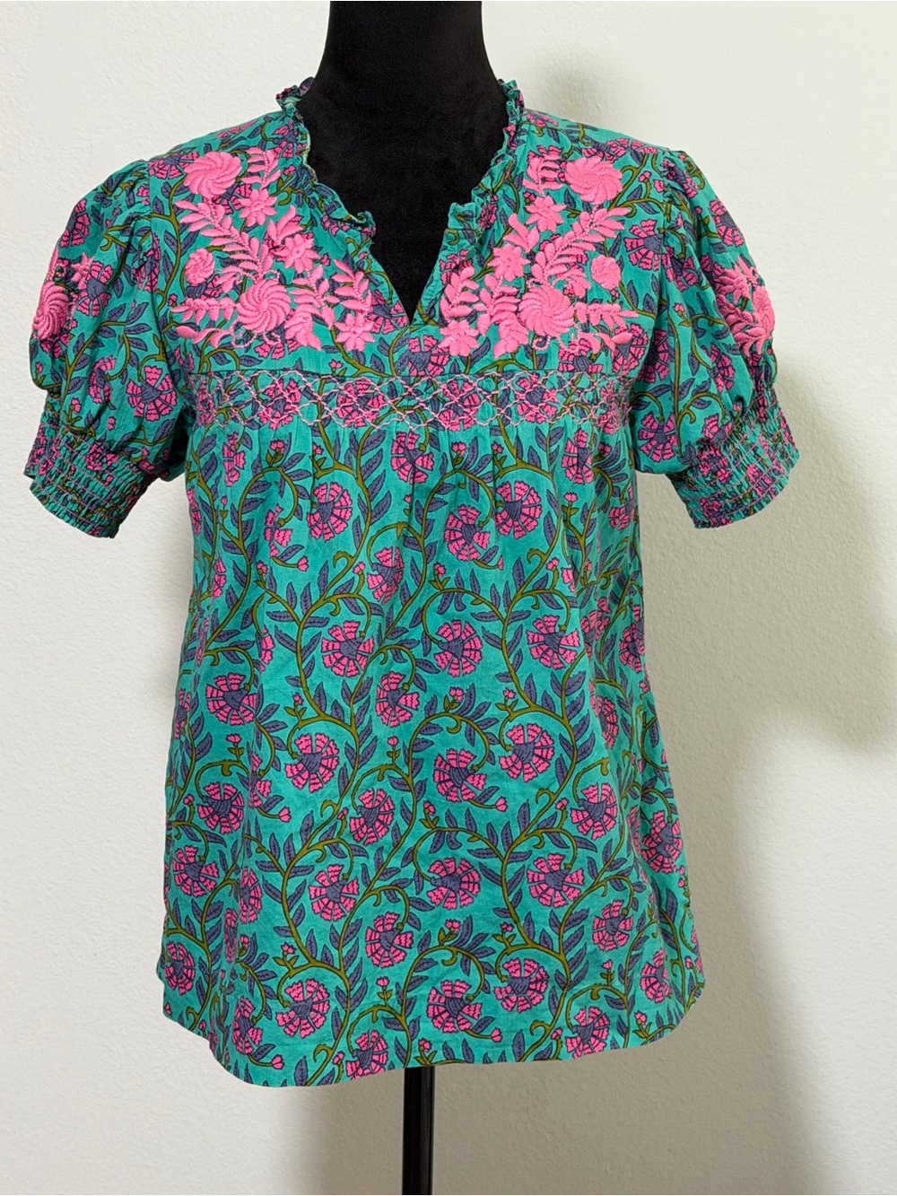 SISTER MARY Embroidered V Neck Floral Blouse - Small